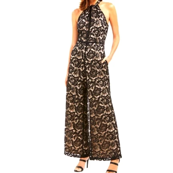 Women's Black Lace Sleeveless Twist-Neck Wide-Leg Jumpsuit - Picture 6 of 13